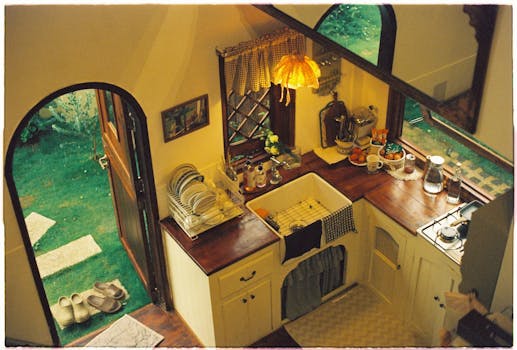 A rustic kitchen with warm lighting and open door leading to garden, creating a cozy ambiance.