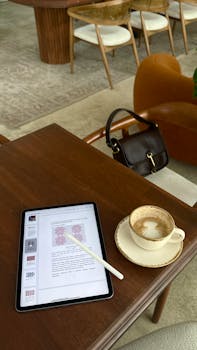 A warm and cozy cafe scene with a tablet, cappuccino, and a stylish handbag.