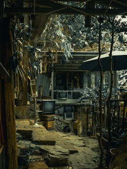 A rustic indoor setting with vintage TVs and eclectic decor, creating a moody atmosphere.