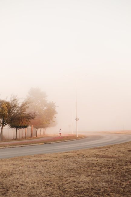 A lone runner jogs along a foggy road lined with autumn trees, creating a serene and moody atmosphere.