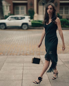 Elegant woman in black dress strolling down a cobblestone street with a luxury handbag.