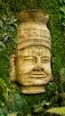 Ancient Stone Head on Lush Green Wall