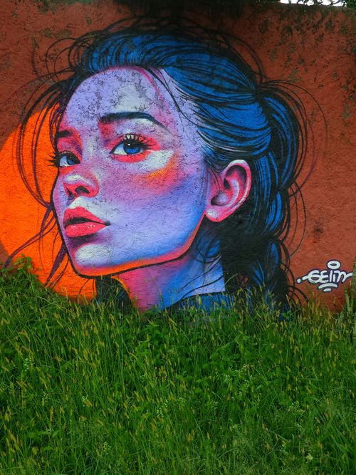 Free Colorful street art mural depicting a woman's face with bold colors and lush grass foreground. Stock Photo