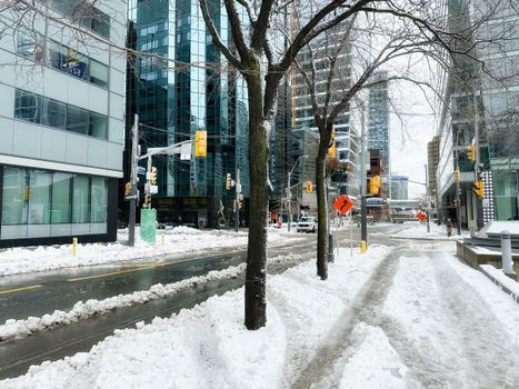 A snowy day in downtown Toronto featuring skyscrapers, snow-covered streets, and trees.