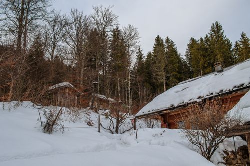 Free Charming snow-covered cabins nestled in the woods of Autrans-Méaudre-en-Vercors, France. Stock Photo