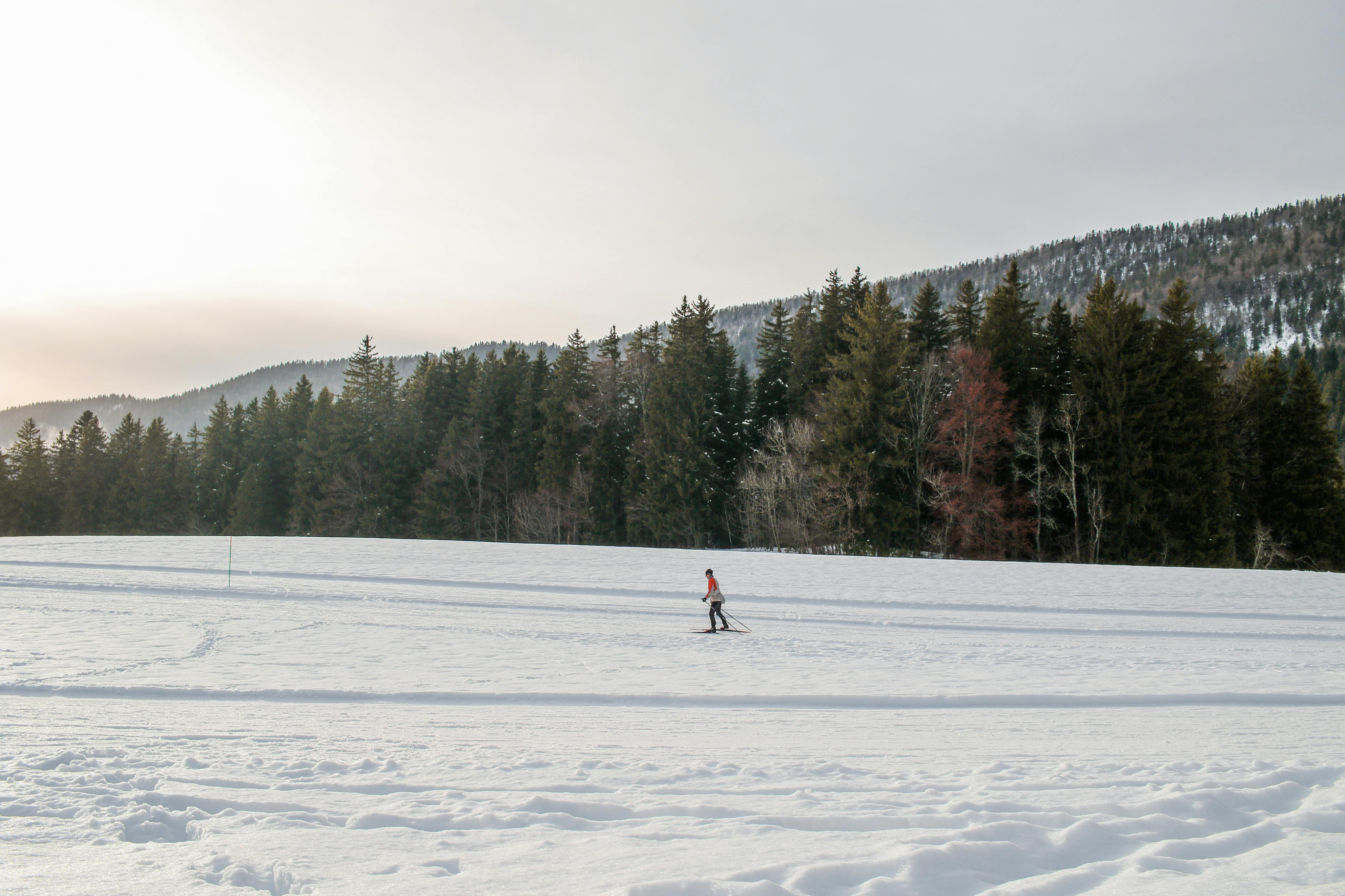 A lone skier gliding across snowy terrain in Autrans-Méaudre-en-Vercors, France.