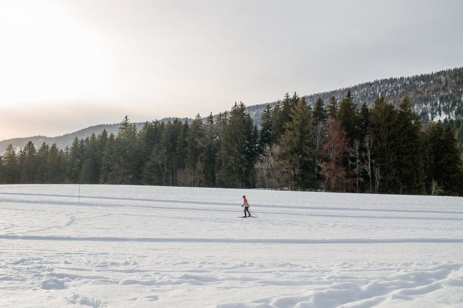 A lone skier gliding across snowy terrain in Autrans-Méaudre-en-Vercors, France.
