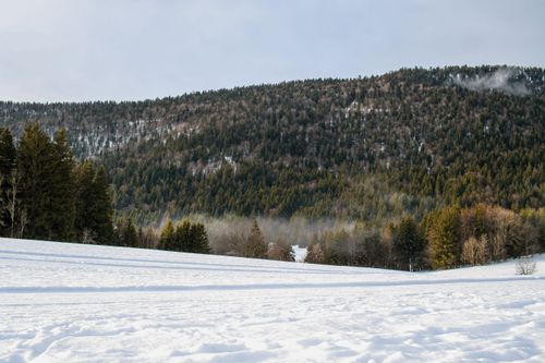 Free A serene winter landscape in Autrans-Méaudre-en-Vercors with snow-covered fields and pine forests. Stock Photo