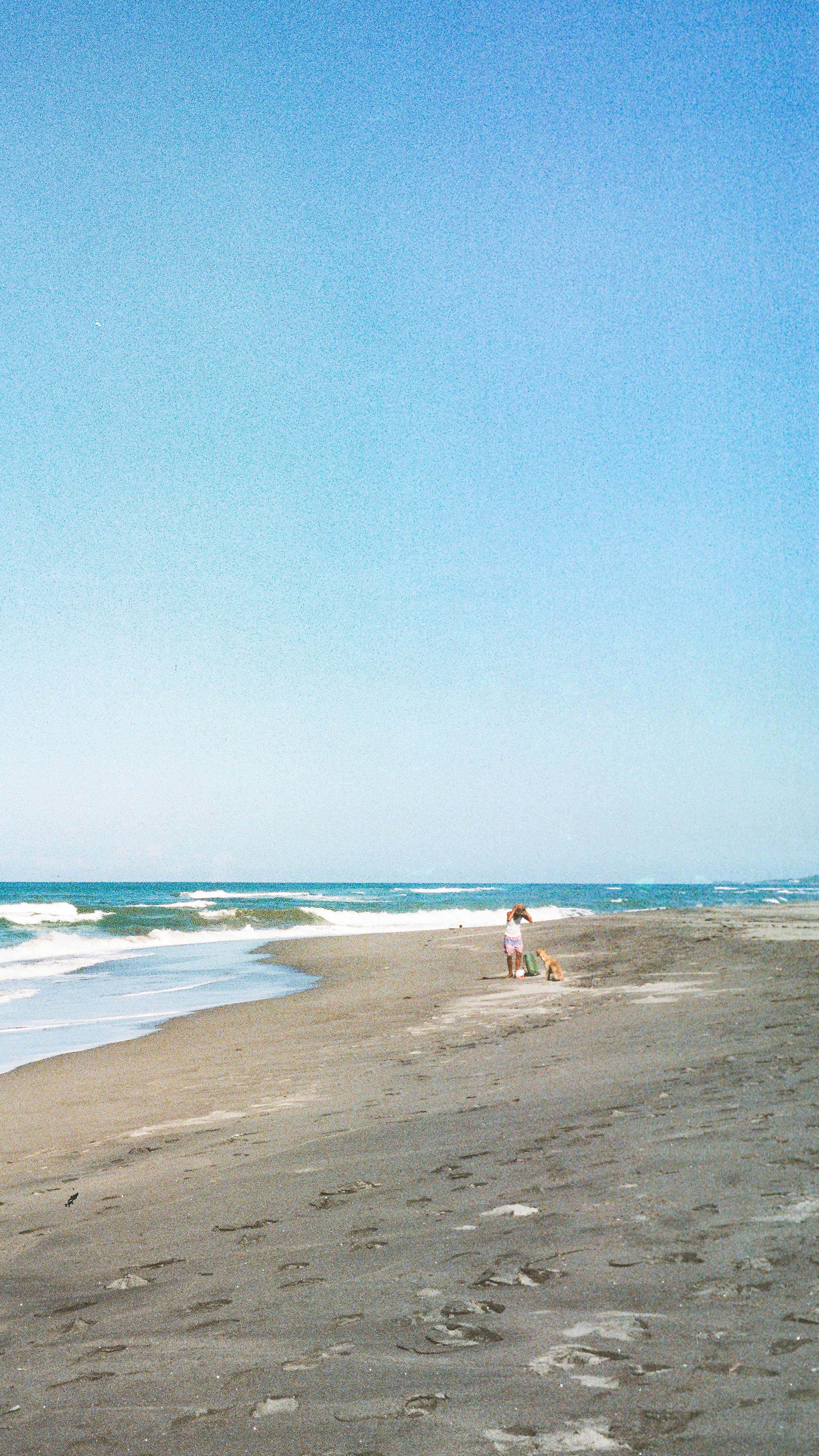 Gratis Un momento sereno che immortala una famiglia che cammina su un'ampia spiaggia sabbiosa sotto un cielo azzurro e terso. Foto a disposizione