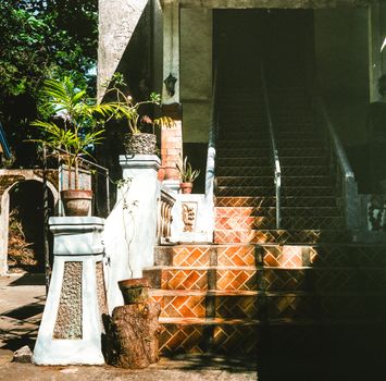An outdoor staircase with vibrant potted plants in the sunlight, showcasing architectural beauty.