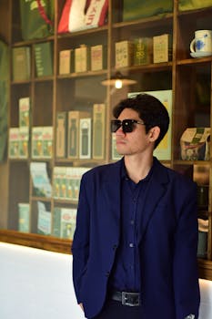 Man in blue suit and sunglasses at a modern coffee shop, shelf behind.