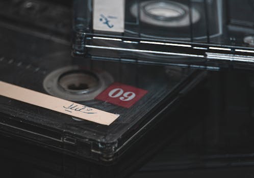 Close-up shot of vintage audio cassette tapes stacked, showcasing retro technology.