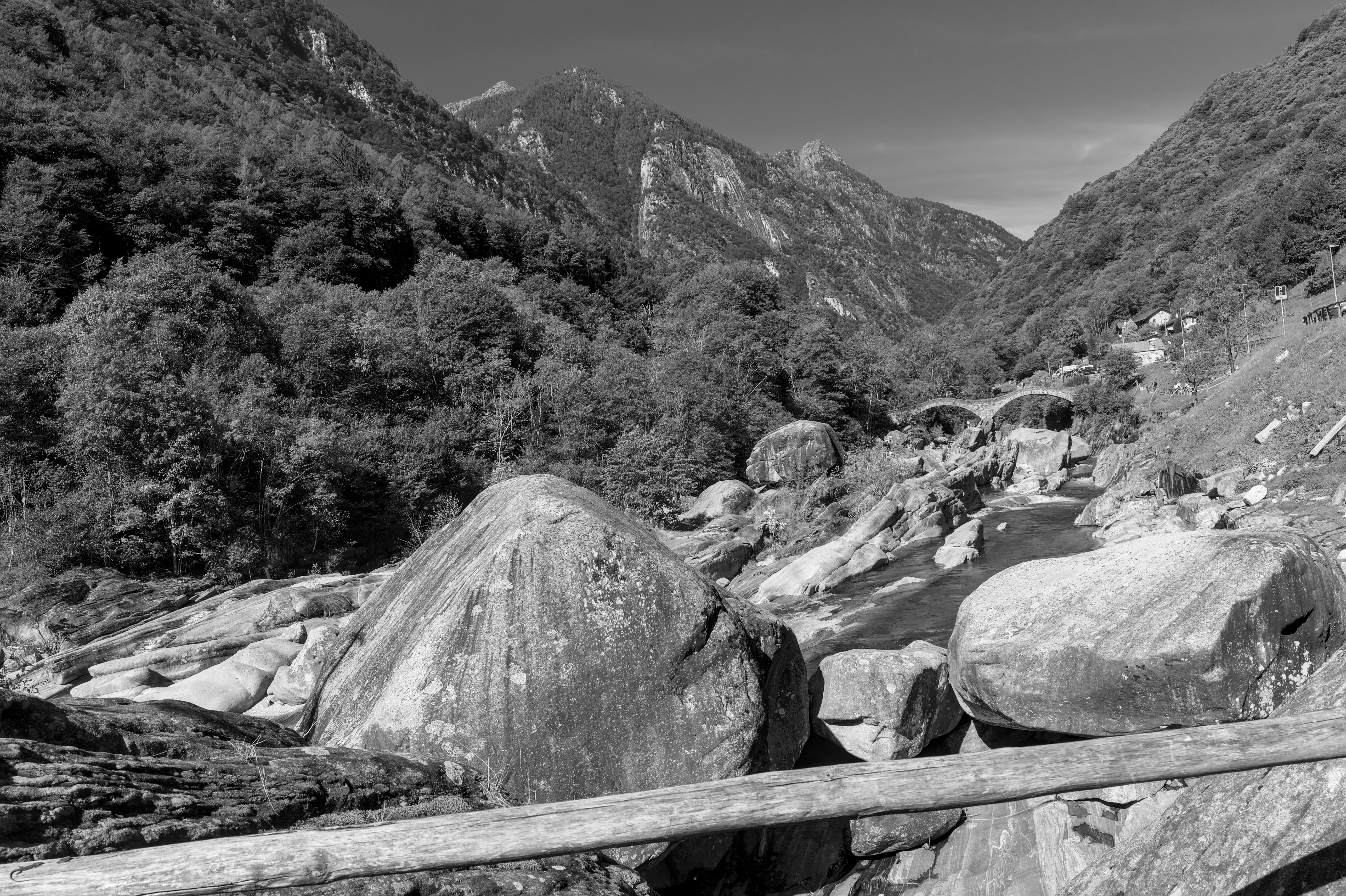 Monochrome landscape of rocks and river in Verzasca Valley, Switzerland.