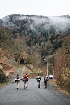 一群背包客走在雾蒙蒙、绿树成荫的山路上