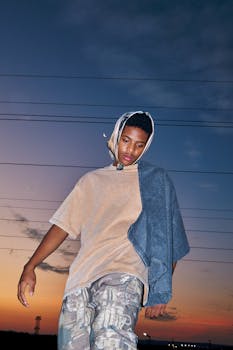 Teenager with unique fashion style poses against a stunning sunset sky, exuding urban vibes.