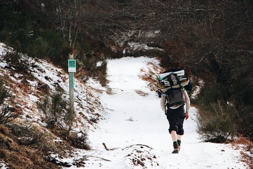 Person in Black Pants Carrying Backpack Walking on Snow Covered Ground