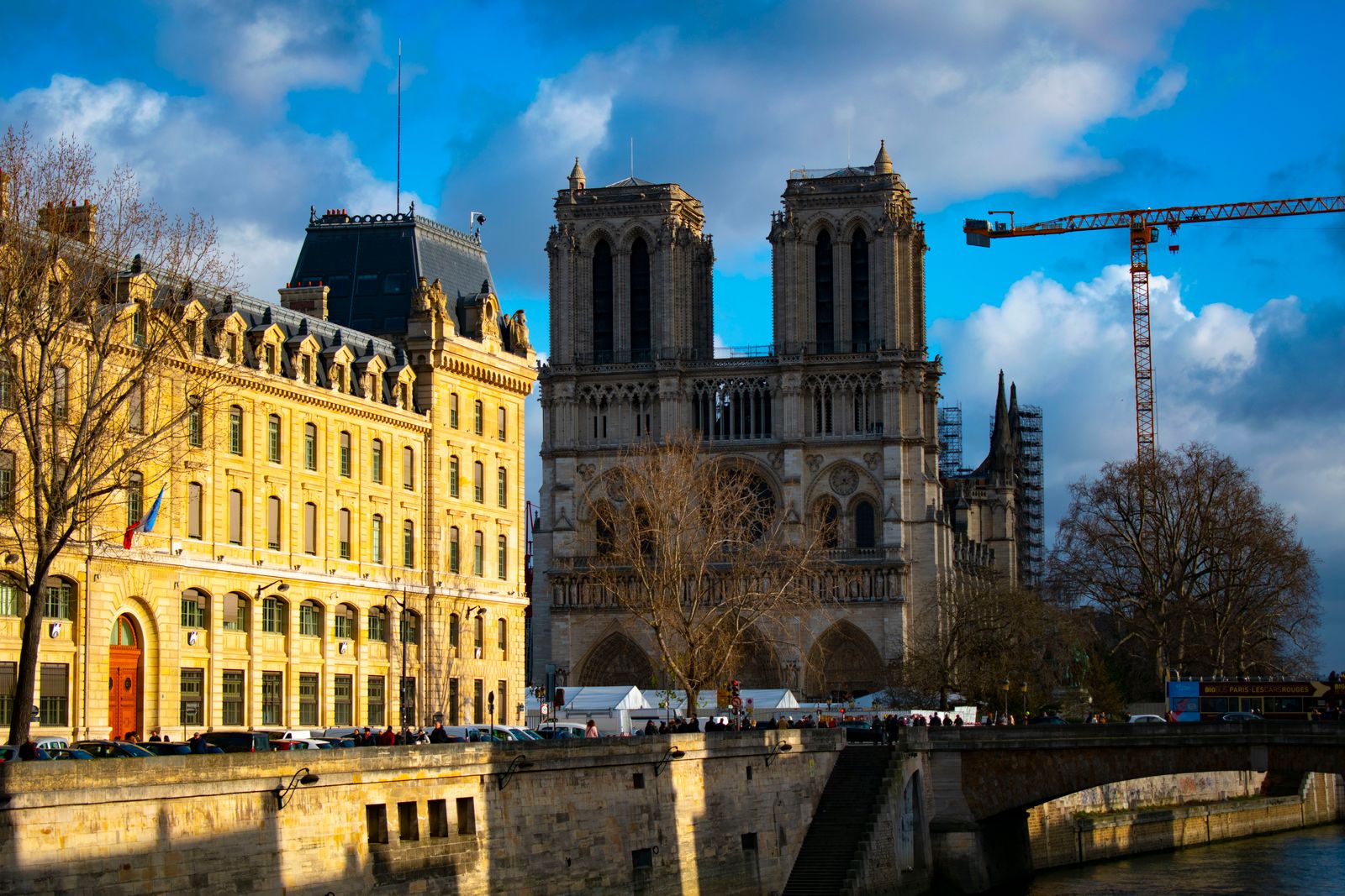 Vue panoramique d'un rooftop parisien au crépuscule avec Notre-Dame en arrière-plan