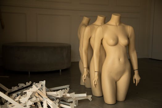 Three nude female mannequins in an indoor setting with scattered materials nearby.
