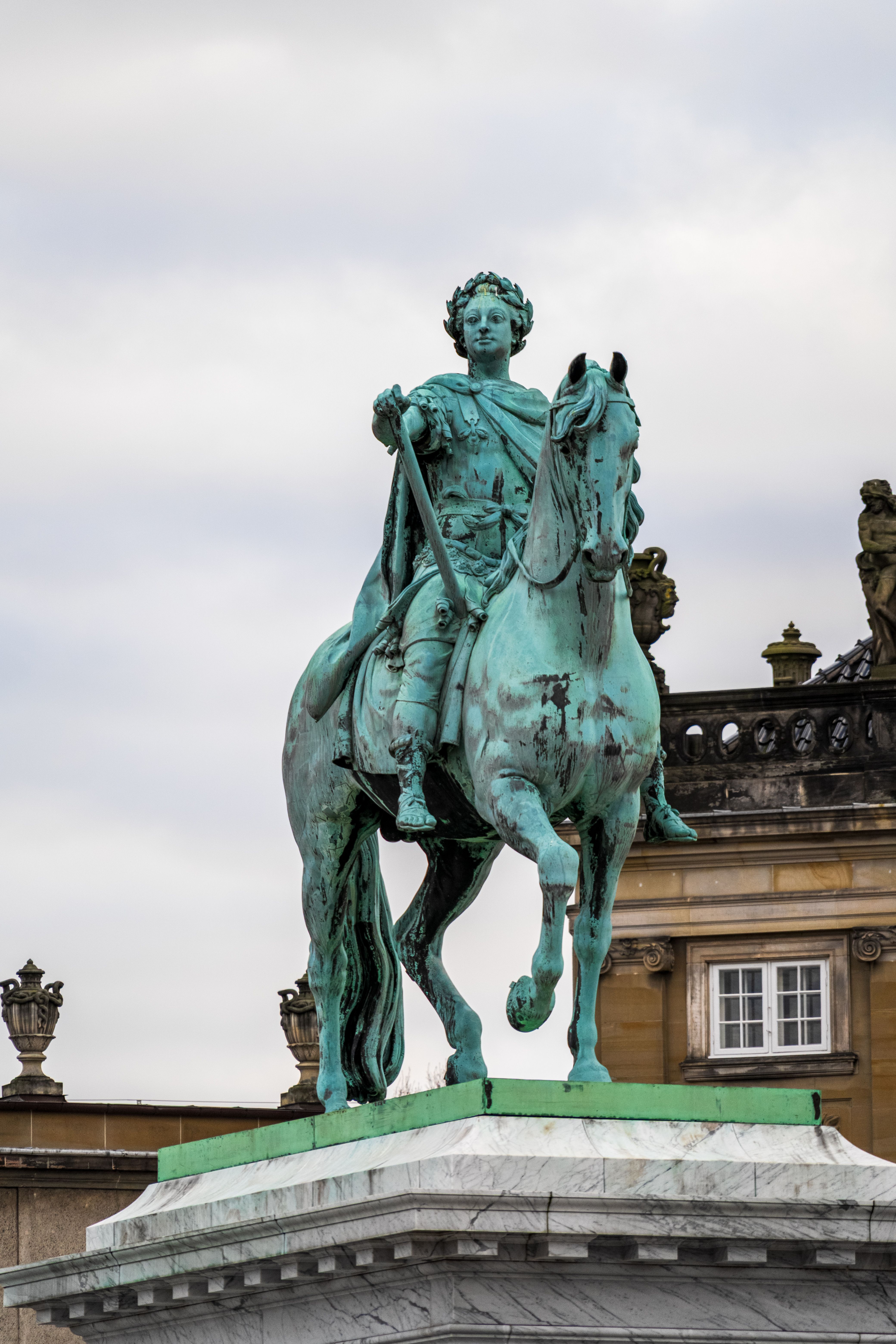 Bronze statue of King Frederick V on horseback at Amalienborg Palace, Copenhagen.