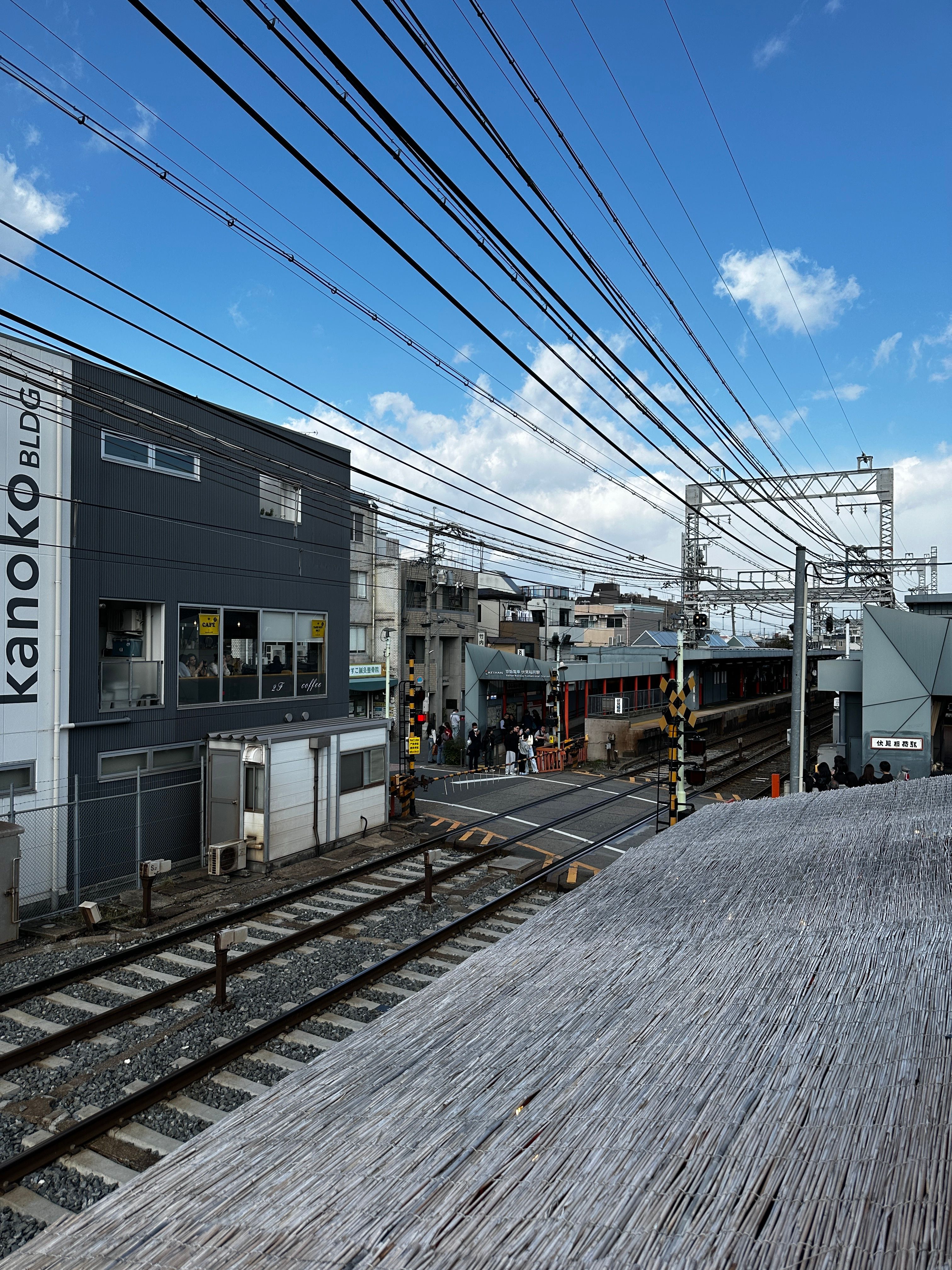 A lively street scene in Kyoto with a train crossing near small shops and overhead power lines under a clear sky.