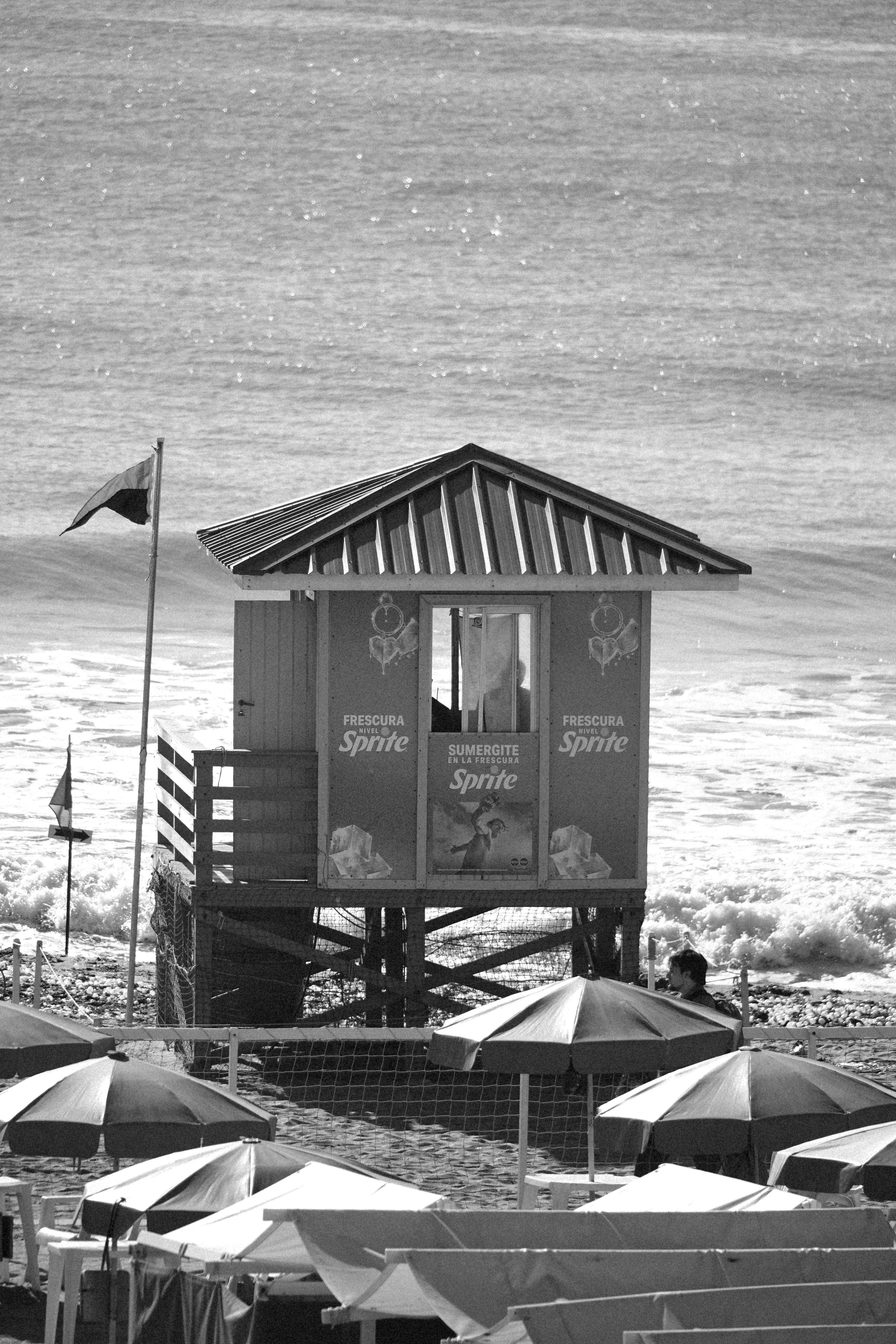 grátis Cena monocromática de praia com cabana de salva-vidas e ondas do oceano. Foto profissional