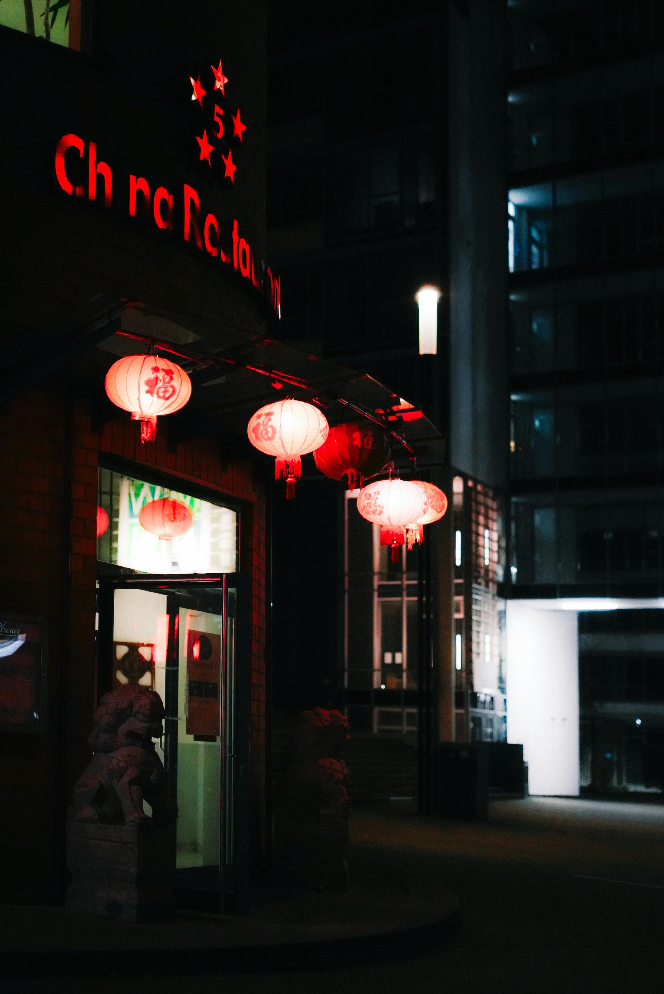 grátis Lanternas chinesas vermelhas iluminadas penduradas ao ar livre à noite em Karlsruhe, Alemanha. Foto profissional