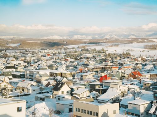 Free Aerial view of a snow-covered village in Hokkaido, Japan, showcasing scenic winter landscapes. Stock Photo
