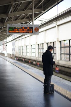 Person waiting at a train station platform, checking phone under a sign in Osaka.