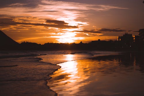 Silhouetfoto Van Strand Tijdens Zonsondergang