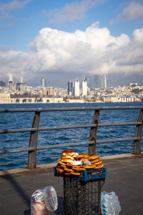 Free Street vendor's simit stall with Bosphorus view in Istanbul. Stock Photo