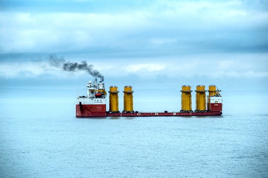 Red cargo ship carrying yellow industrial structures across a calm blue sea under a cloudy sky.