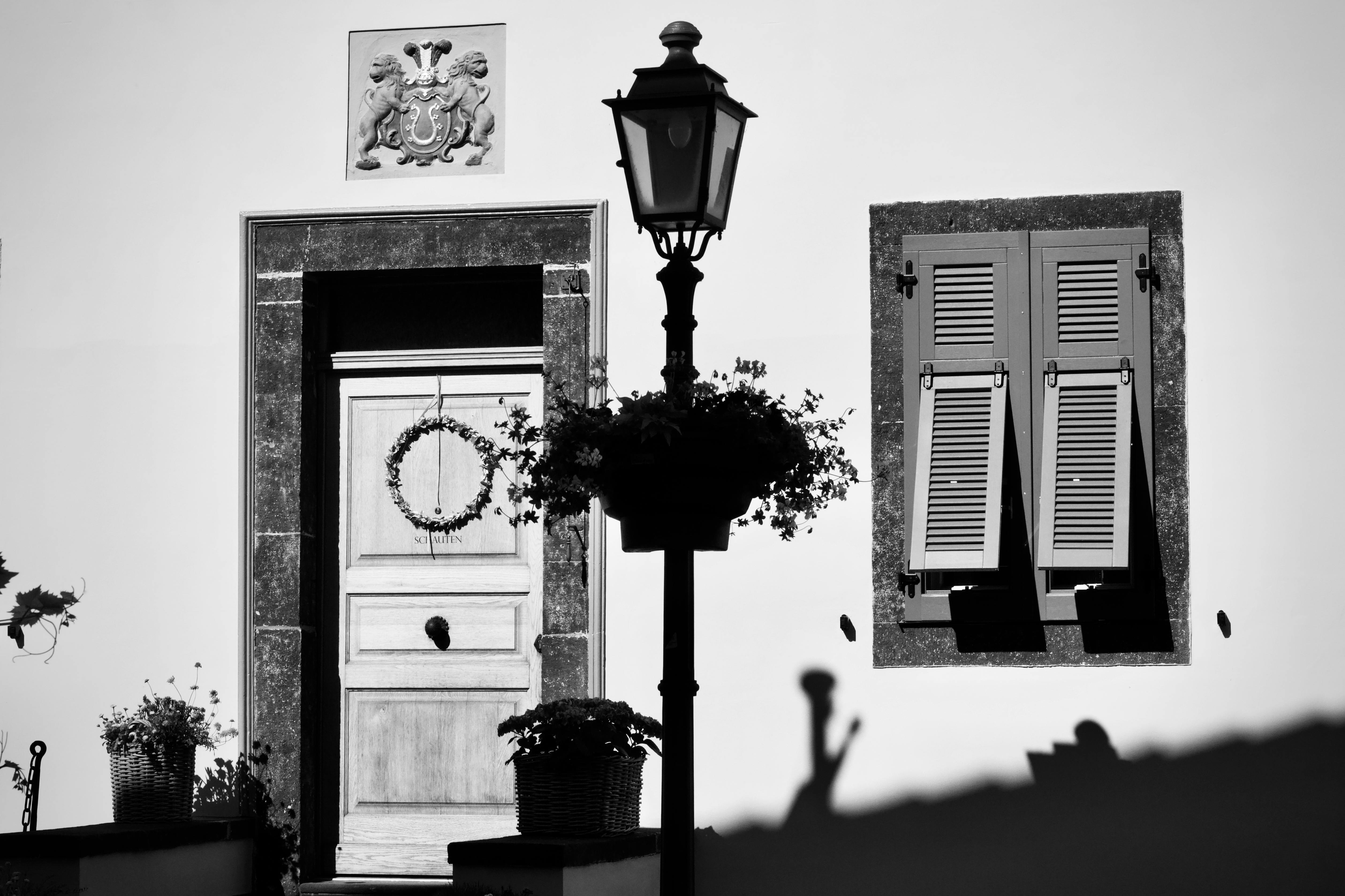 Gratis Una classica immagine in bianco e nero di un elegante portone con una ghirlanda decorativa, un lampione e delle persiane. Foto a disposizione