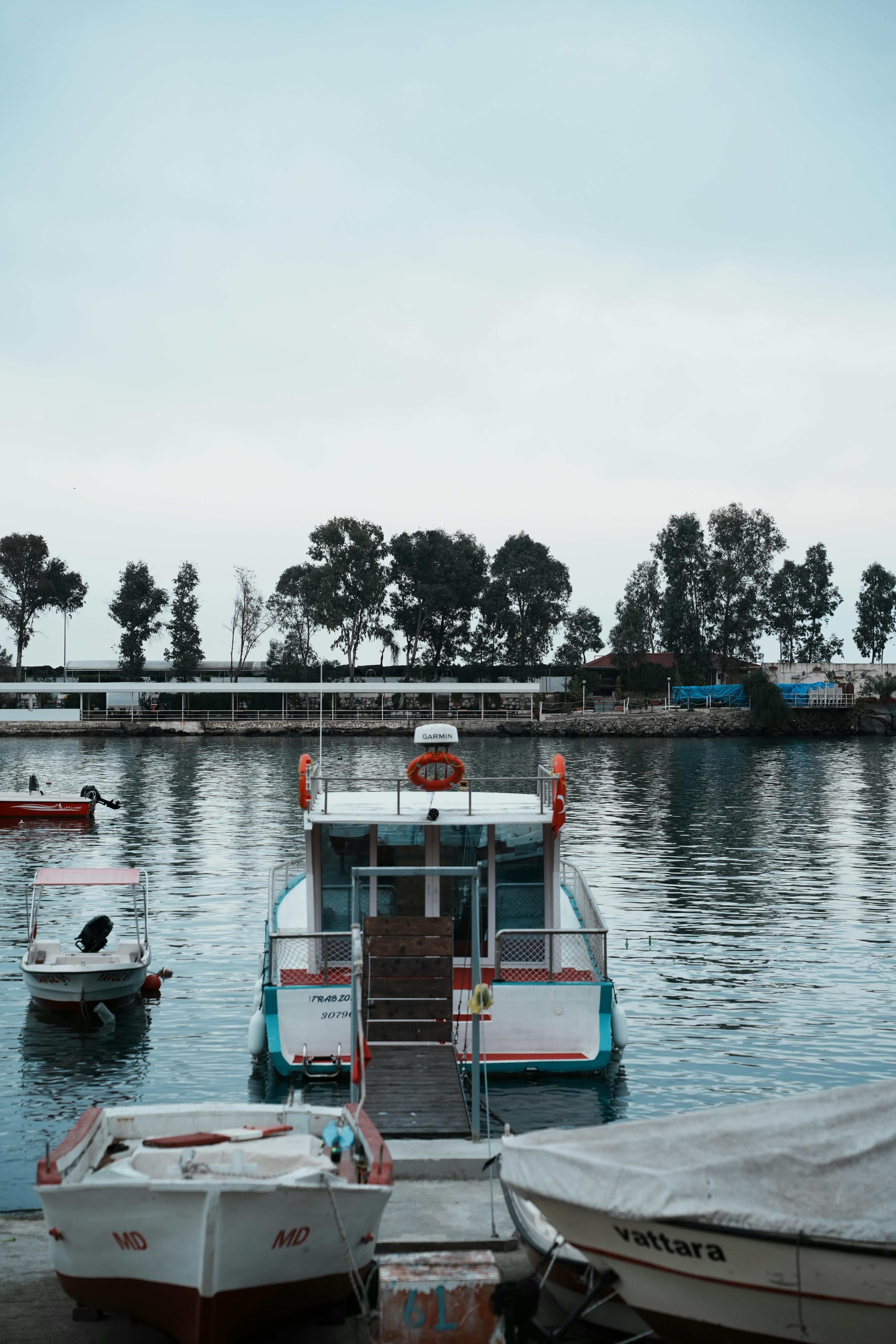 Gratis Escena tranquila del puerto con barcos, aguas tranquilas y un fondo bordeado de árboles. Foto de stock