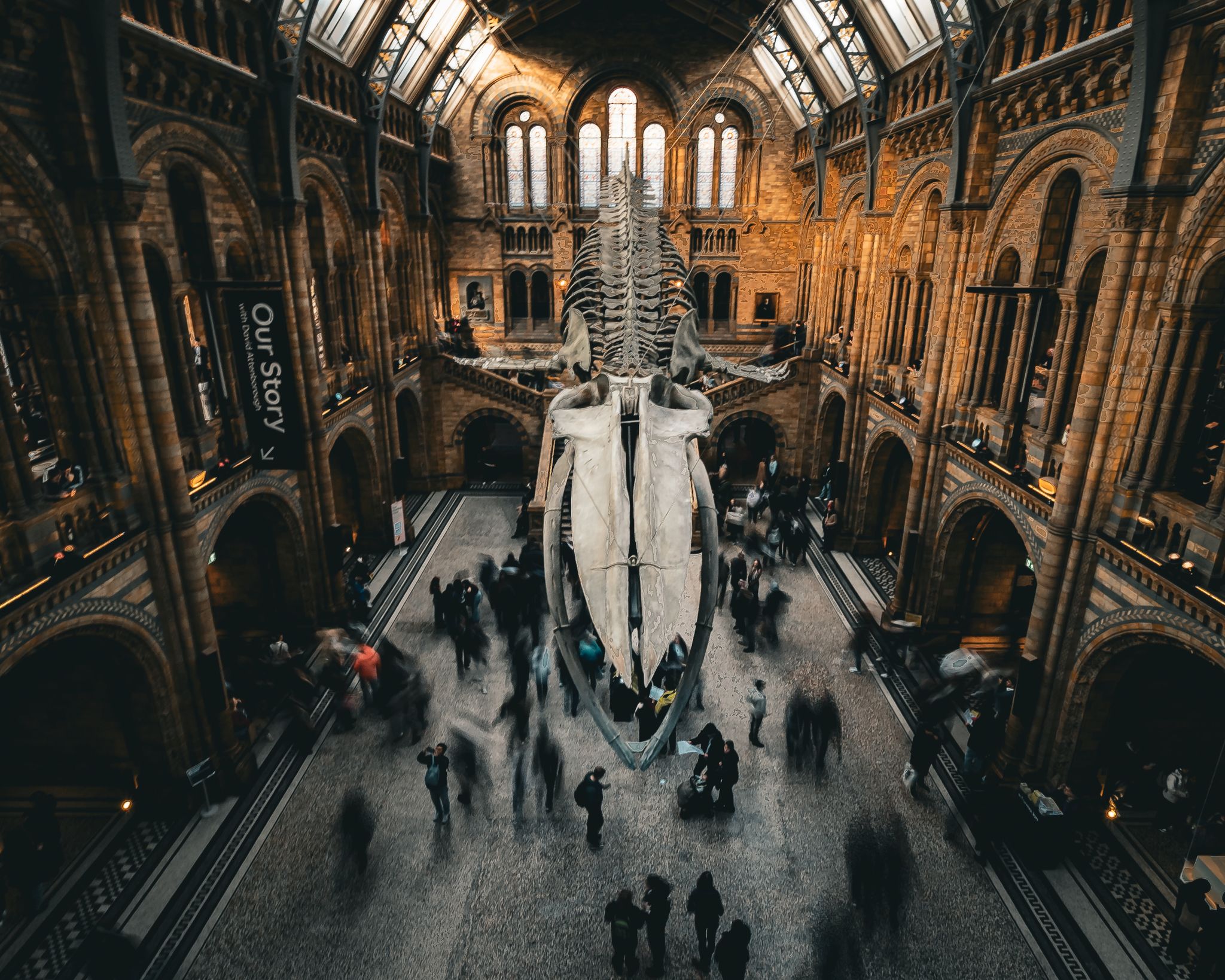 Visitors walking through the museum hall