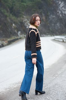 Young woman walking on a scenic mountain road in casual fashion wear. Cool and moody atmosphere.
