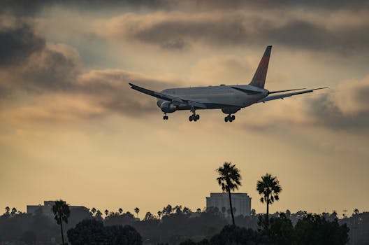 Large airliner approaching Los Angeles Airport at sunset, silhouetted against palm trees and dramatic sky.