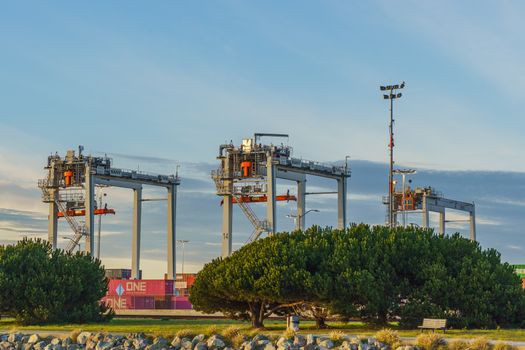 Industrial cranes at a port with shipping containers and green trees in the foreground.