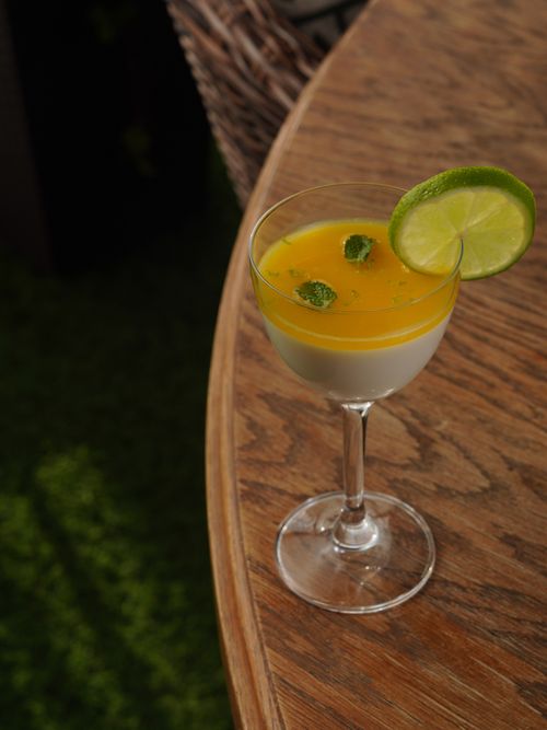 Free A delectable lime mousse garnished with mango sauce and fresh mint leaves on a wooden table. Stock Photo