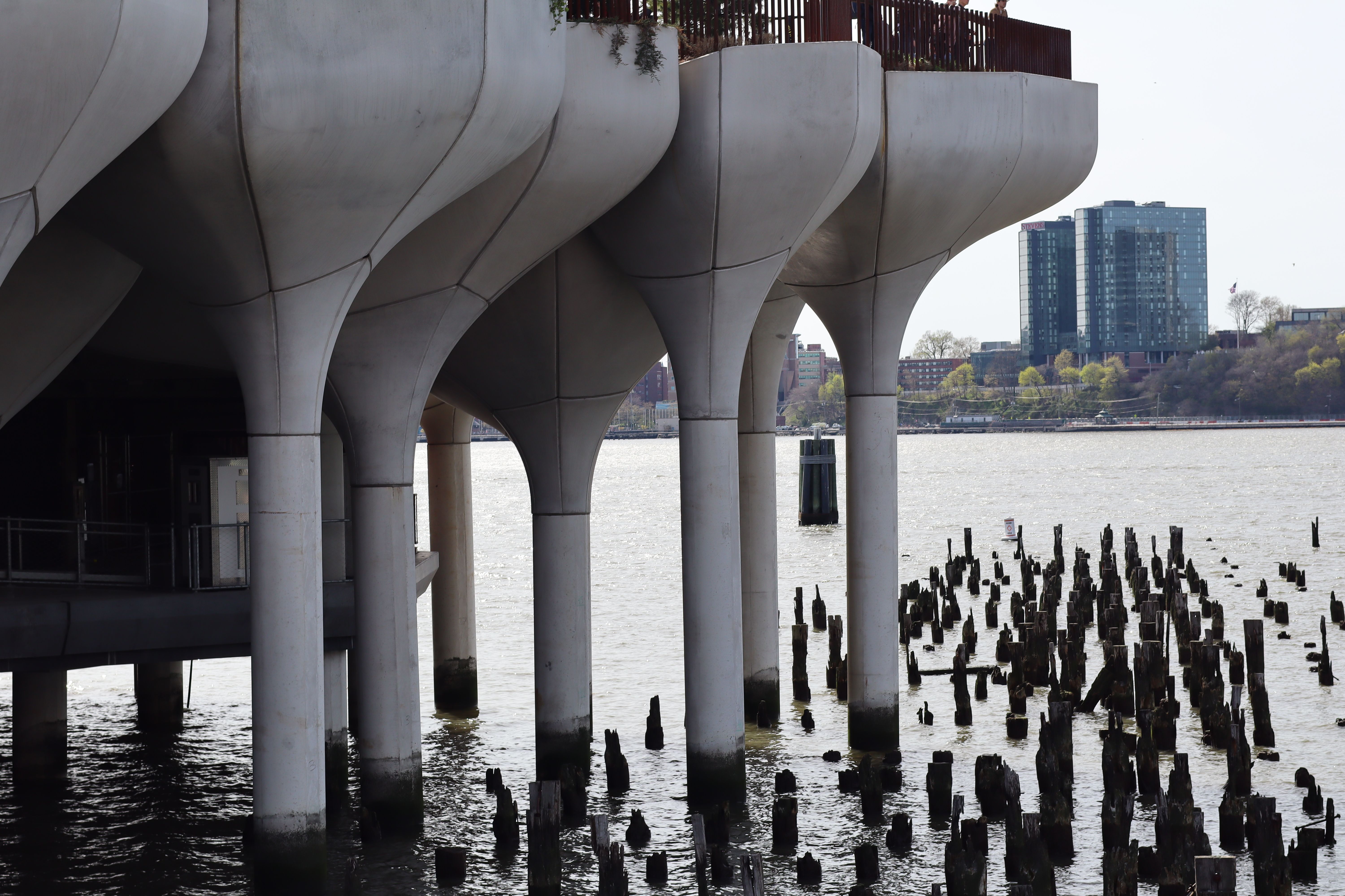 Modern architectural columns over river in cityscape · Free Stock Photo