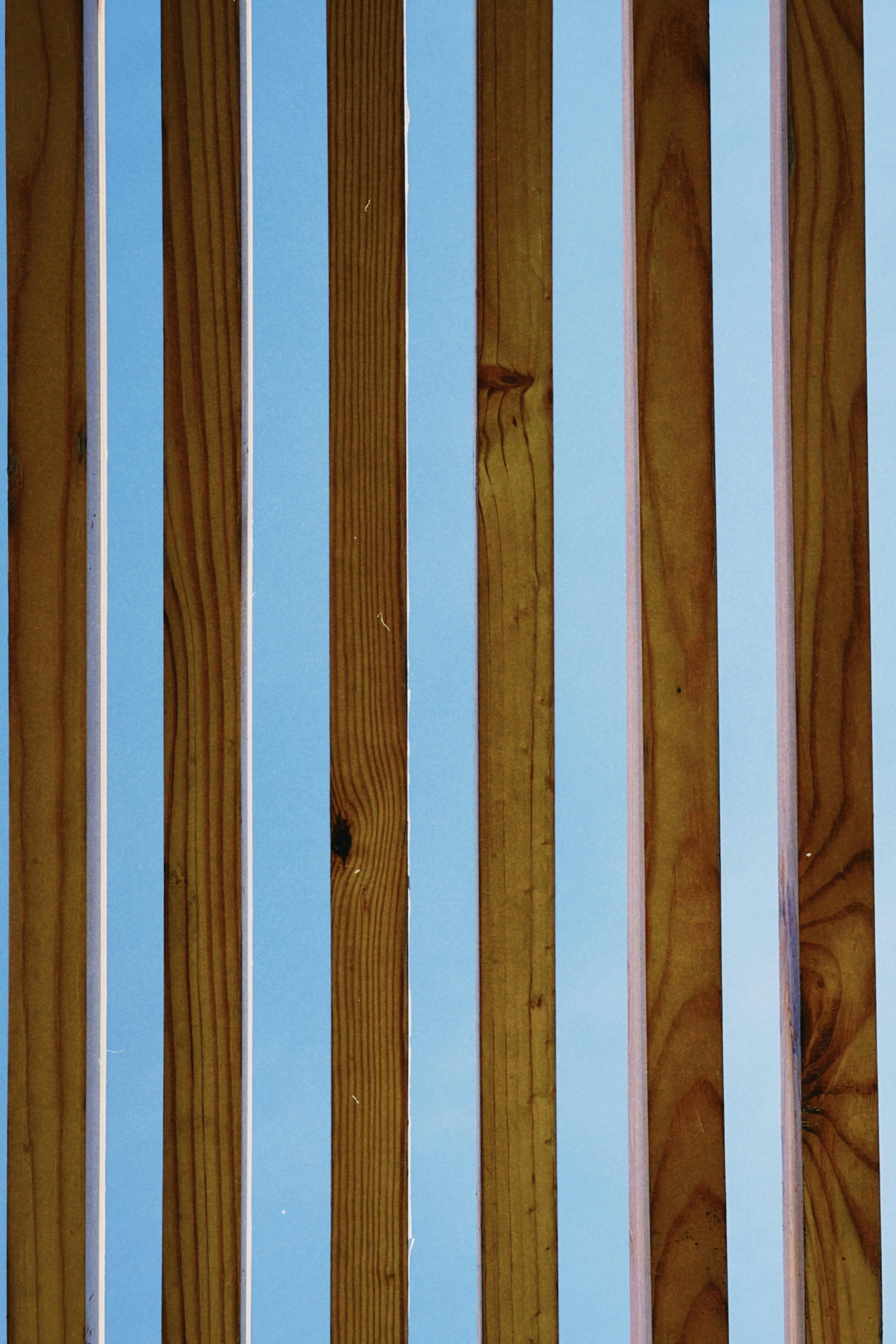 Kostnadsfria Vertikala träribbor med blå himmel synlig genom springor. Minimalistisk arkitektonisk design. Stock foto