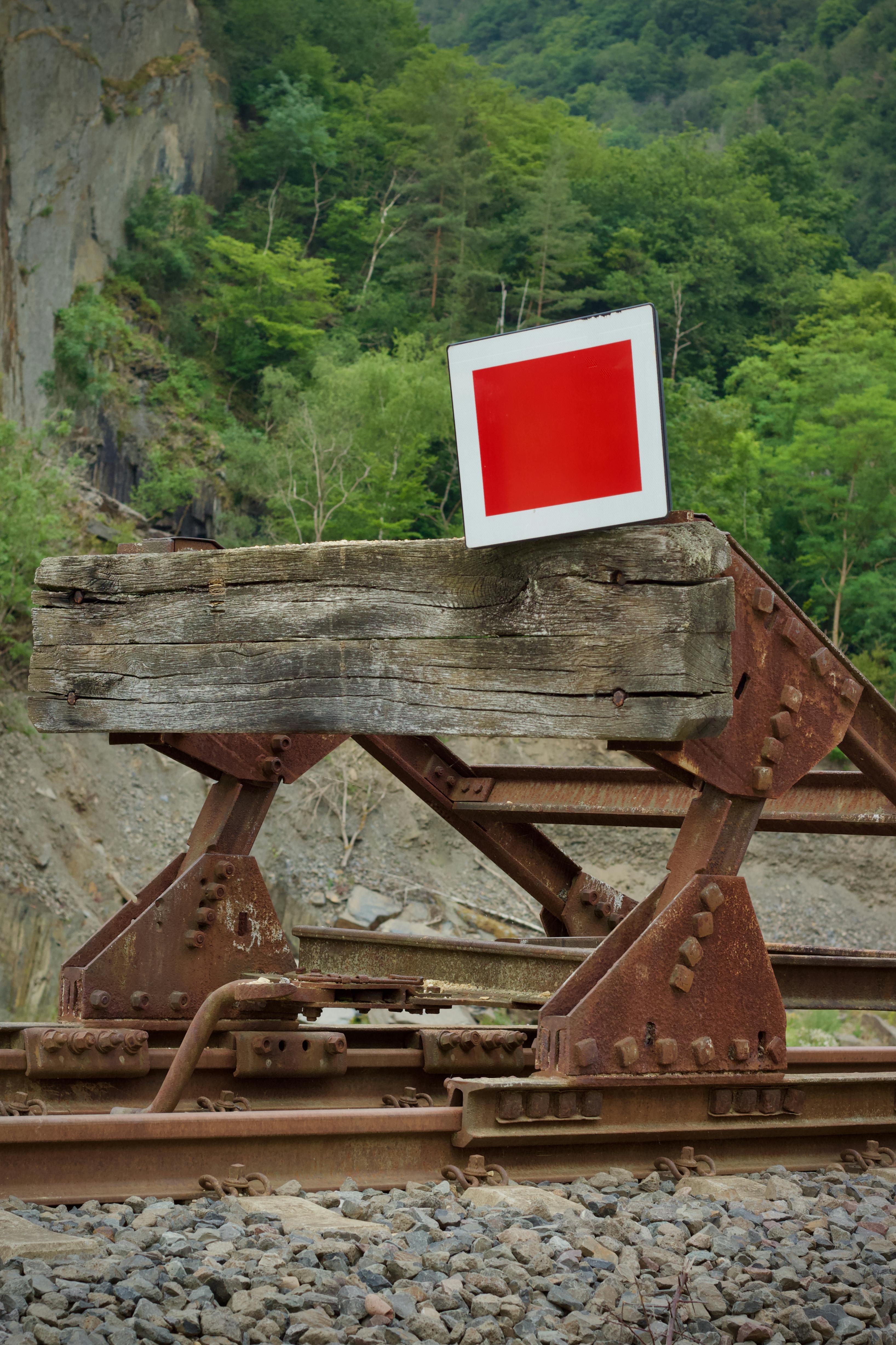 Gratis Binari ferroviari rustici che terminano con un vistoso segnale di stop rosso in mezzo a una vegetazione lussureggiante. Foto a disposizione