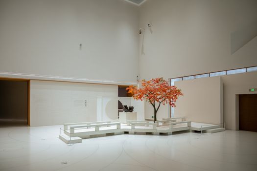 A minimalist indoor art installation featuring a vibrant autumn tree set in a gallery in Shanghai.