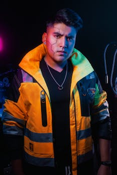 Vibrant cyberpunk-themed portrait of a young man in futuristic attire and striking lighting.