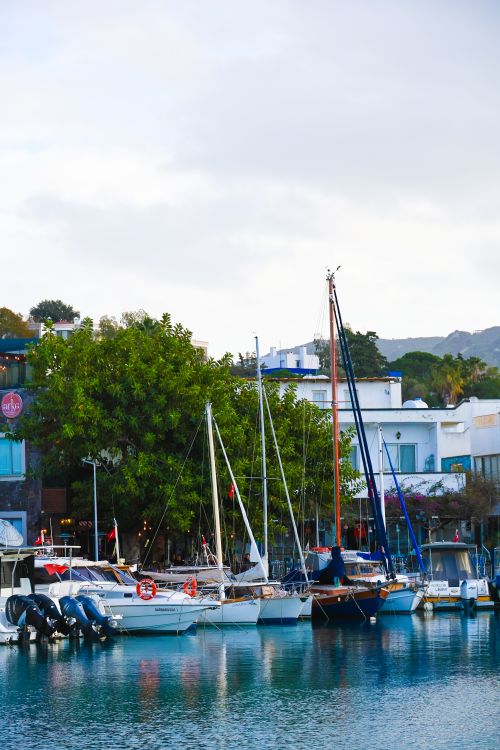 Free Quaint marina with sailboats docked in Bodrum, showcasing serene waterside scenery. Stock Photo