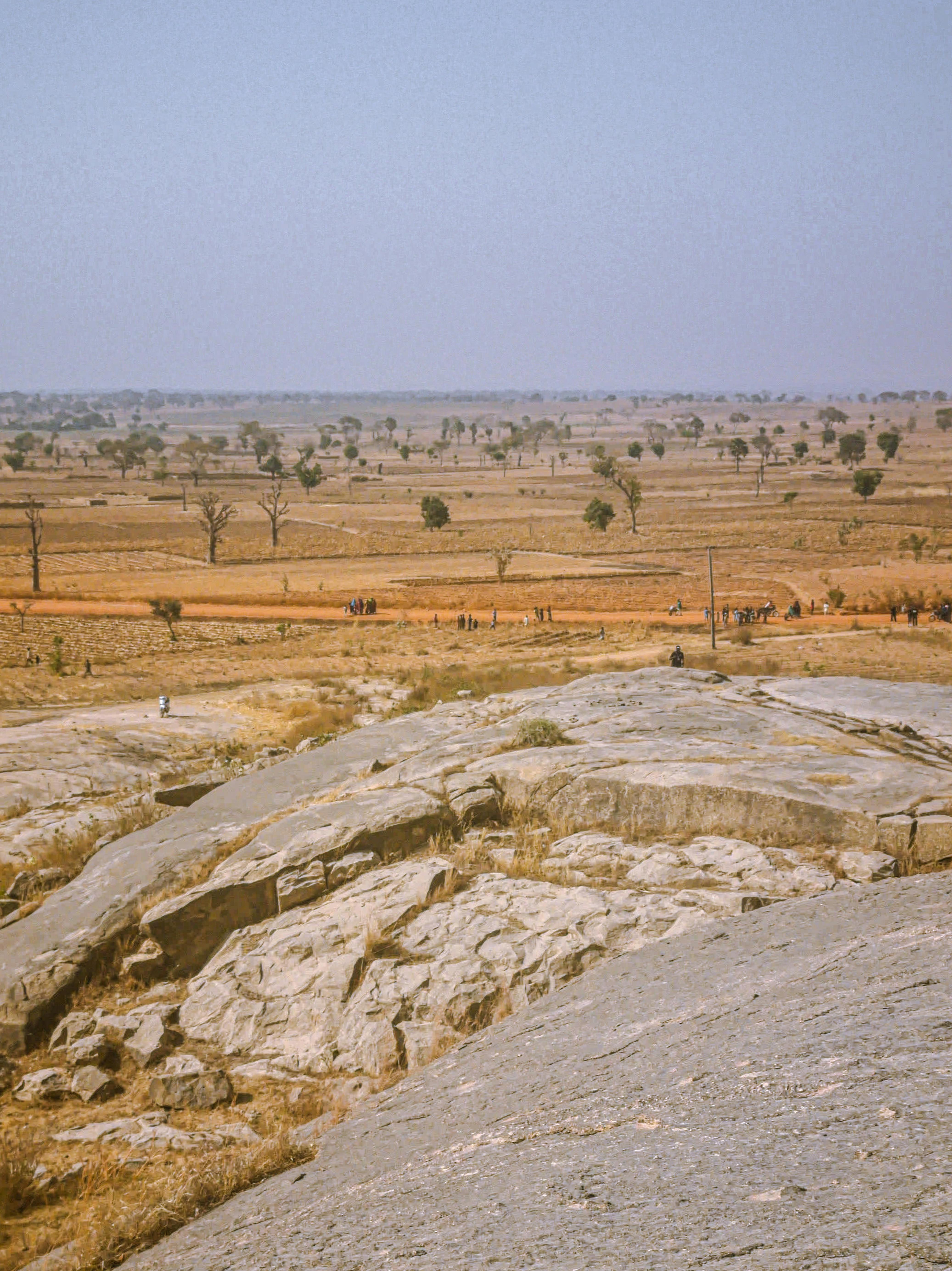 бесплатная Скалистый пейзаж под ясным небом с разбросанными деревьями и сухими полями. Стоковое фото