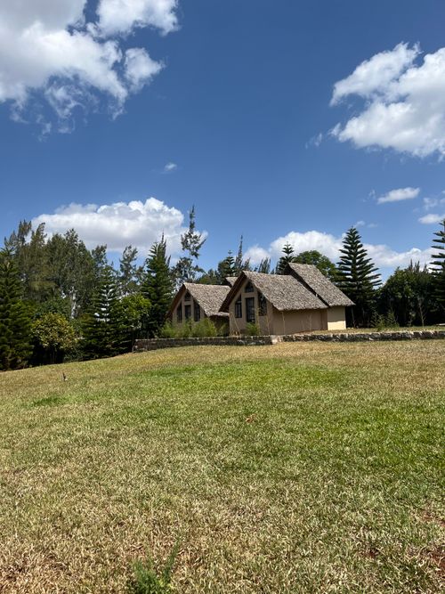 Free Two rustic houses set in a tranquil grassy landscape under a clear blue sky in Ruiru, Kenya. Stock Photo