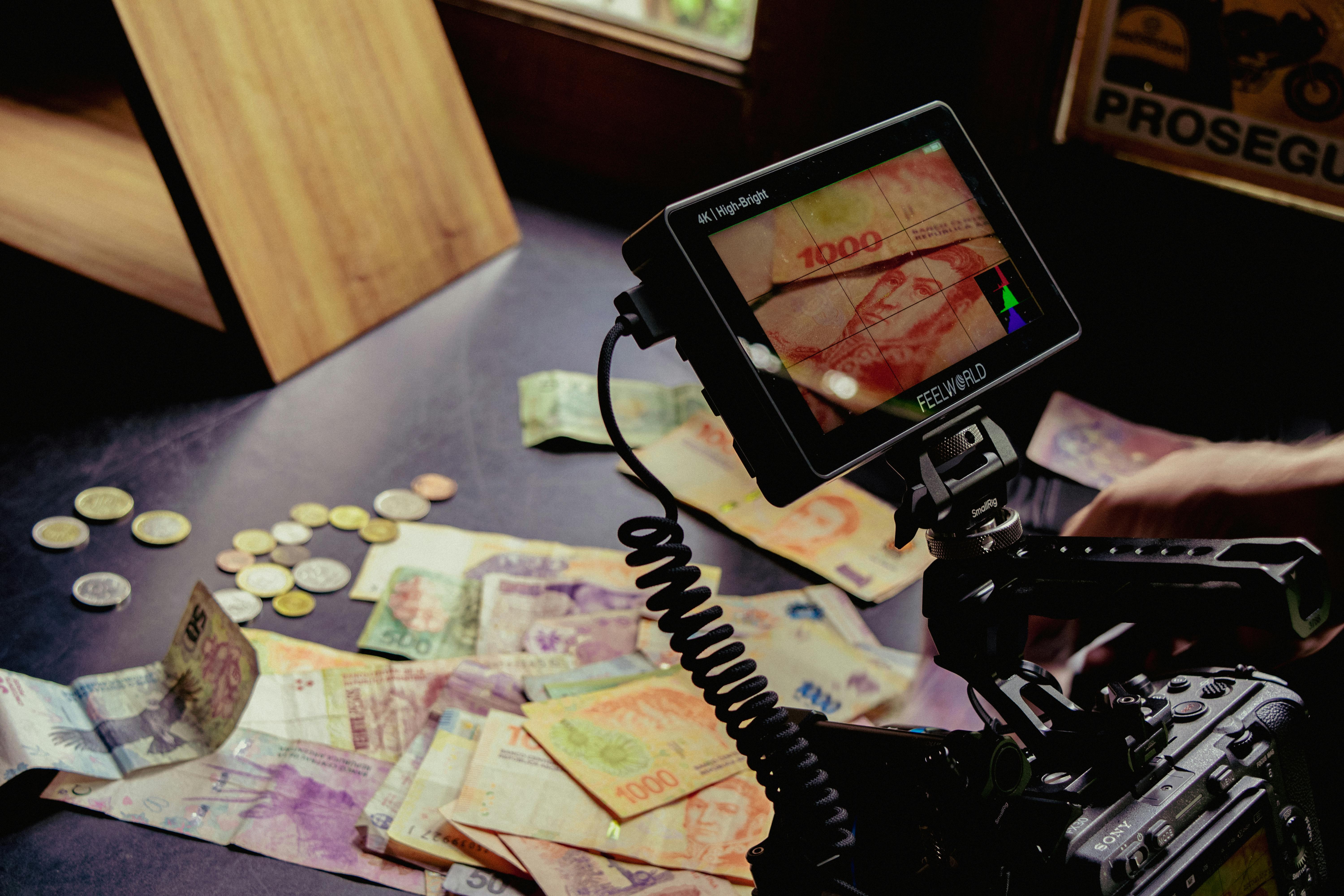 Zadarmo Nastavenie kamery zachytávajúce rôzne svetové meny na stole, detailný profesionálny záber. Fotka z fotobanky