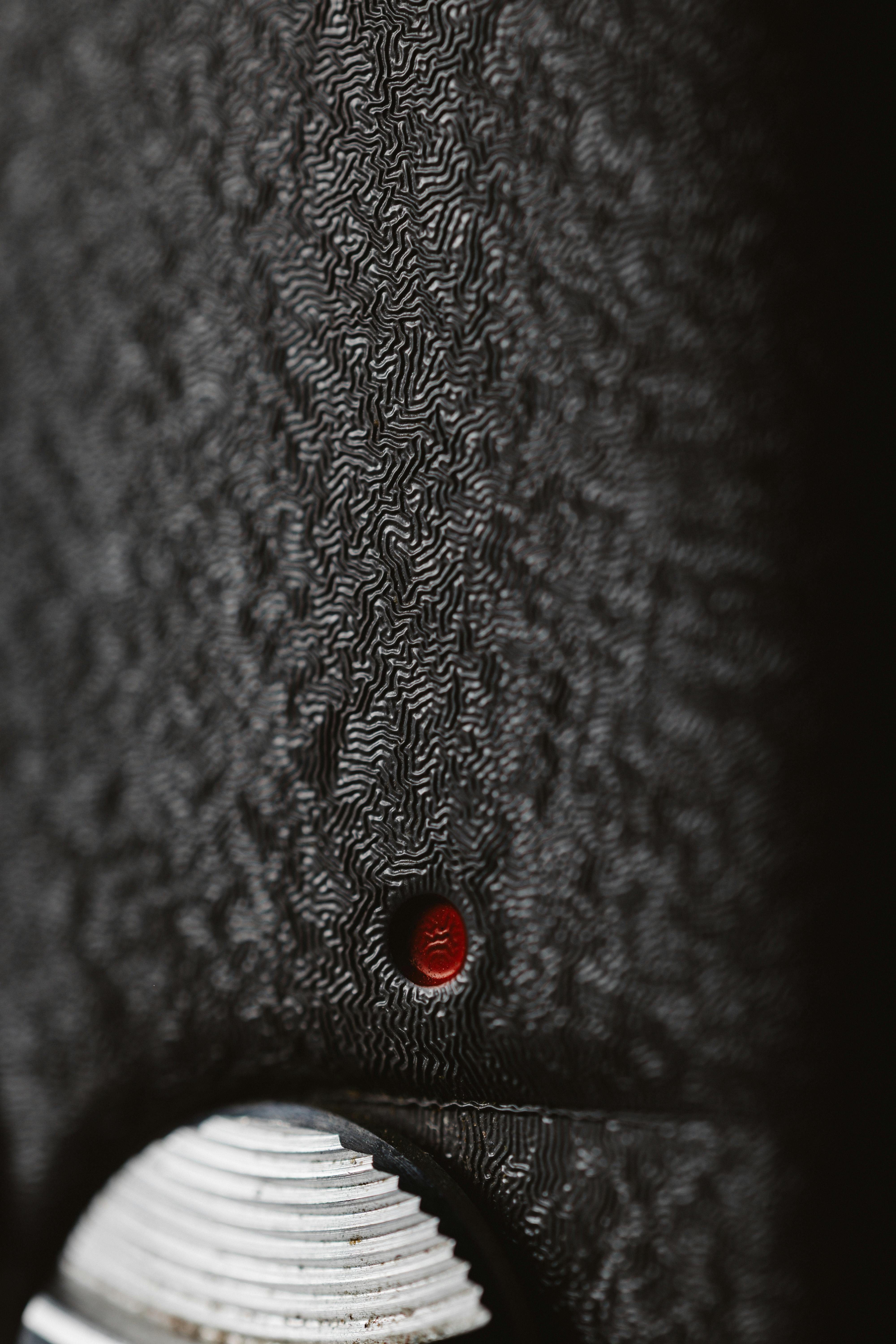 Free Intricate pattern on a black surface with a prominent red button detail. Stock Photo