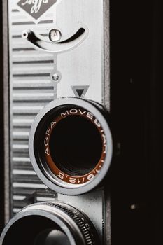 Detailed view of a classic Agfa Movestar camera lens, showcasing vintage design and craftsmanship.