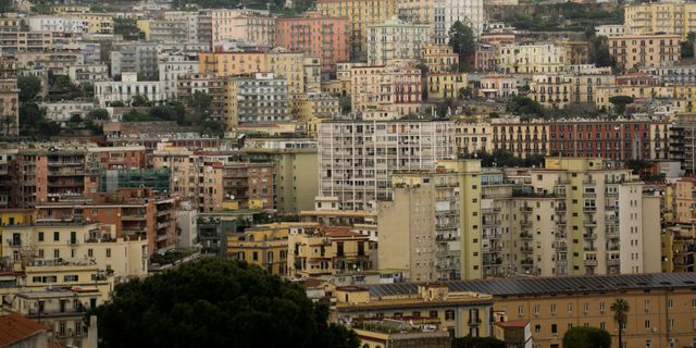 A vibrant aerial view of Naples's diverse architecture, capturing the city's essence.